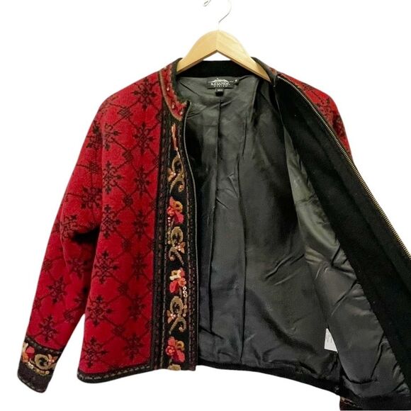 Vintage Icelandic Design Wool Zip Front Cardigan Jacket Red Black Size Medium - Picture 8 of 12